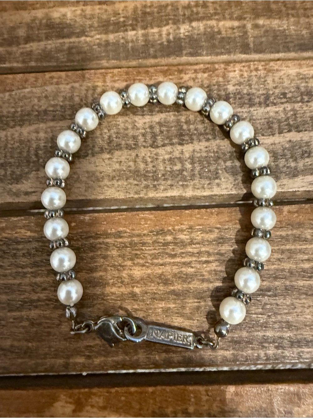 Vintage Napier Faux Pearl Bracelet Silver Tone Classic Signed Jewelry